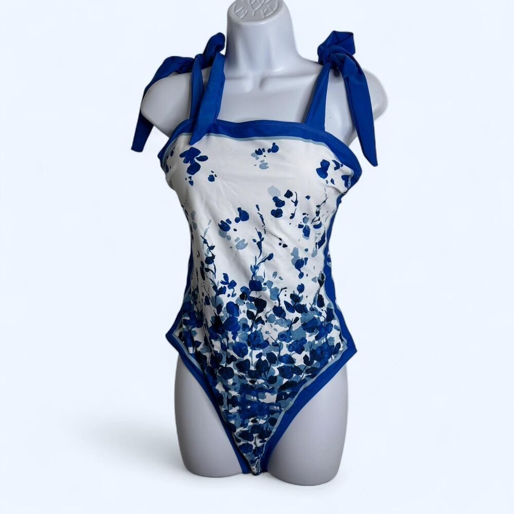Size L New Without Tags Blue and White Floral Tie Shoulder One Piece Swimsuit